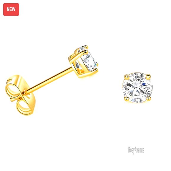 14k Gold CZ Stud Earrings 4mm Round Solitaire Butterfly Push Backs